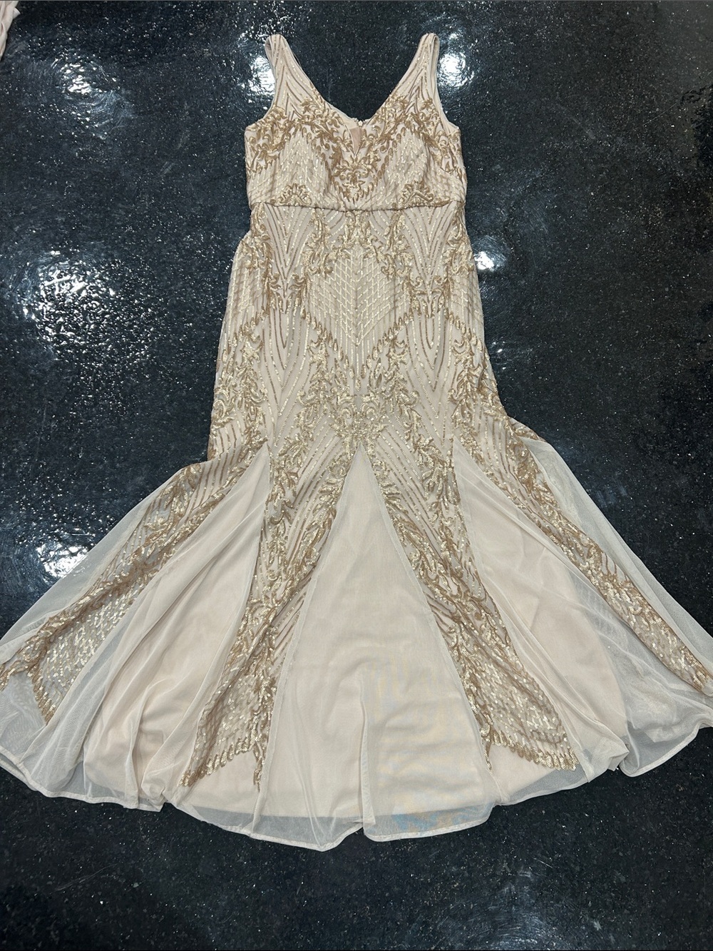 R&M Richards Aurora Dreamscape Evening Gown Ivory & Gold Hand-Beaded W/ Cover 14